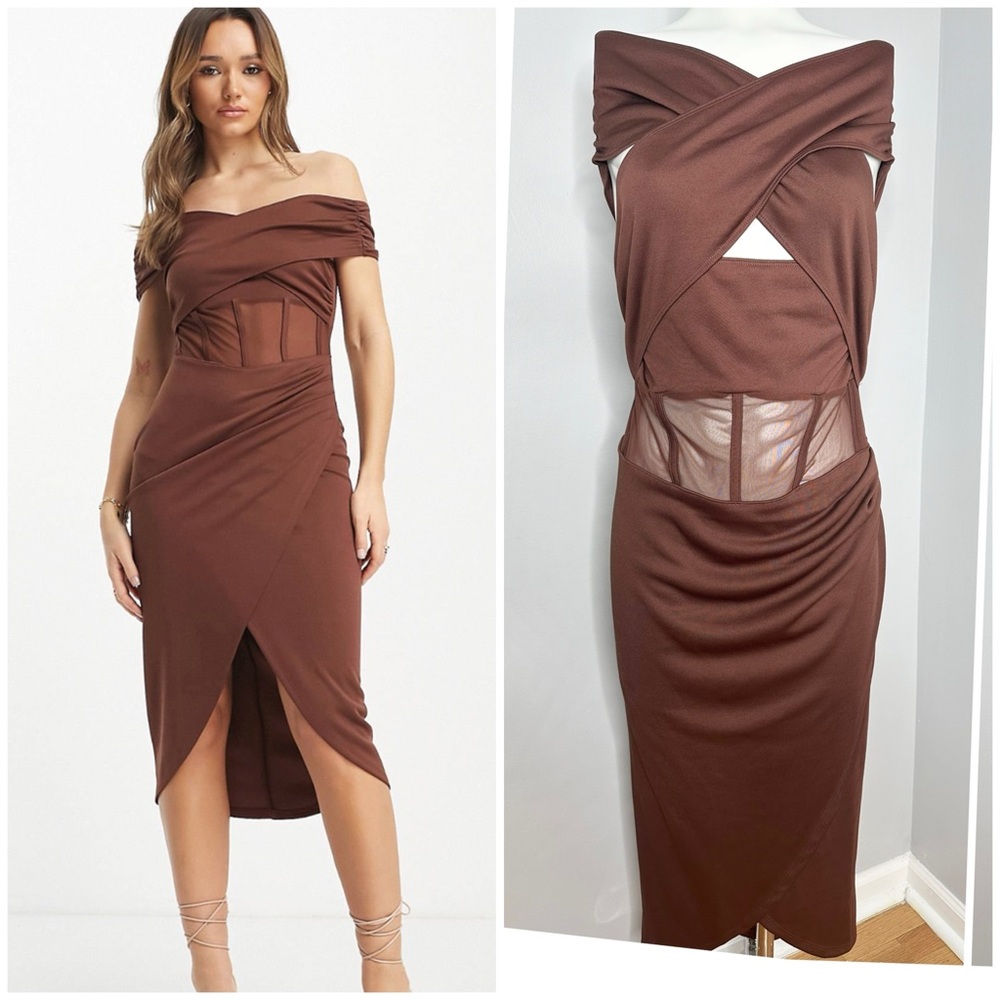 ASOS DESIGN off-shoulder corset bandage rib midi dress in chocolate 10